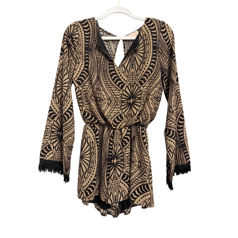 Blush Geometric Medium Tribal Print Fringe Bell Sleeve Romper Tan Black Festival